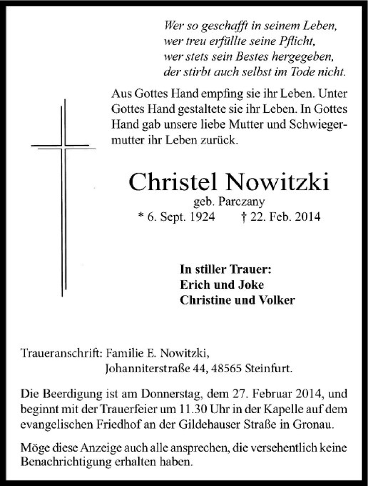  Traueranzeige für Christel Nowitzki vom 24.02.2014 aus Westfälische Nachrichten