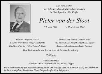 Anzeige von Pieter van der Sloot von Westfälische Nachrichten