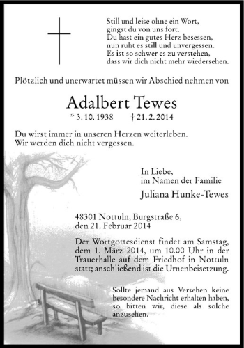 Anzeige von Adalbert Tewes von Westfälische Nachrichten