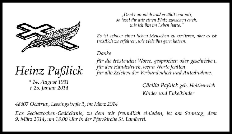  Traueranzeige für Heinz Paßlick vom 05.03.2014 aus Westfälische Nachrichten