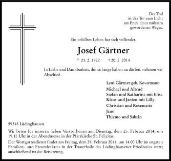 Anzeige von Joser Gärtner von Westfälische Nachrichten