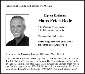 Anzeige von Hans Erich Rode von Westfälische Nachrichten