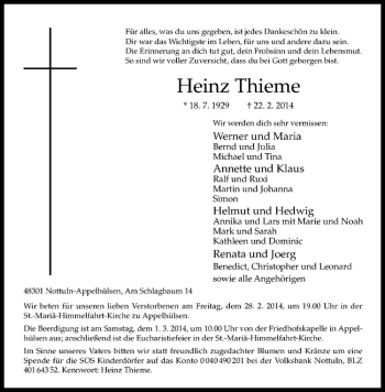 Anzeige von Heinz Thieme von Westfälische Nachrichten