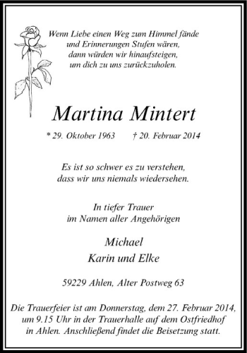 Anzeige von Martina Mintert von Westfälische Nachrichten