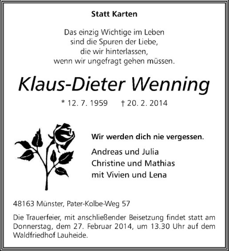  Traueranzeige für Klaus-Dieter Wenning vom 25.02.2014 aus Westfälische Nachrichten