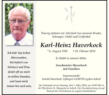 Anzeige von Karl-Heinz Haverkock von Westfälische Nachrichten