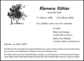 Anzeige von Klemens Köhler von Westfälische Nachrichten