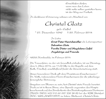 Anzeige von Christel Glatz von Westfälische Nachrichten