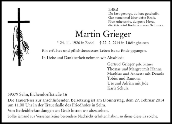 Anzeige von Martin Grieger von Westfälische Nachrichten