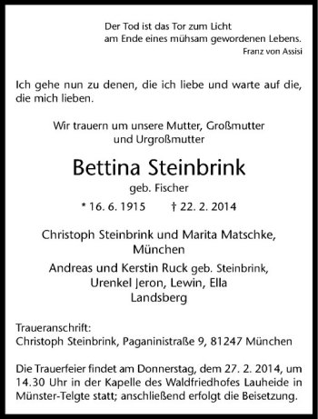 Anzeige von Bettina Steinbrink von Westfälische Nachrichten