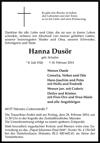 Anzeige von Hanna Dusör von Westfälische Nachrichten