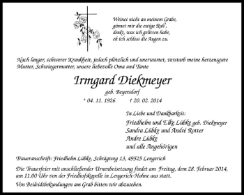 Anzeige von Irmgard Diekmeyer von Westfälische Nachrichten