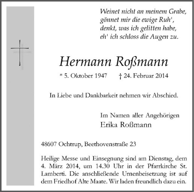  Traueranzeige für Hermann Roßmann vom 26.02.2014 aus Westfälische Nachrichten