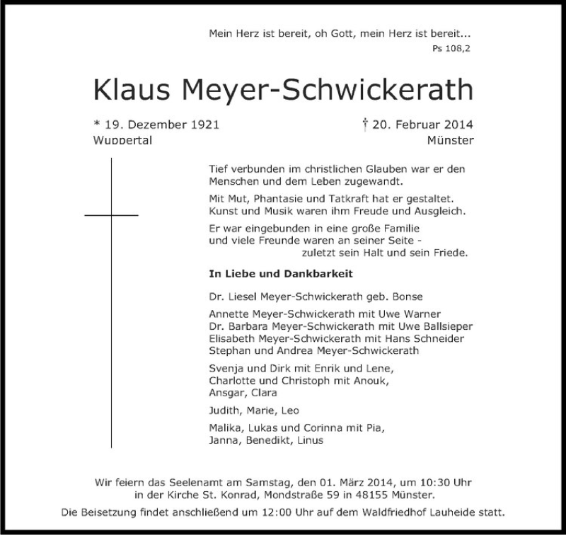  Traueranzeige für Klaus Meyer-Schwickerath vom 26.02.2014 aus Westfälische Nachrichten