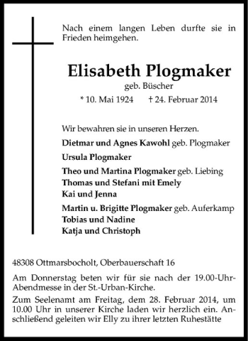 Anzeige von Elisabeth Plogmaker von Westfälische Nachrichten