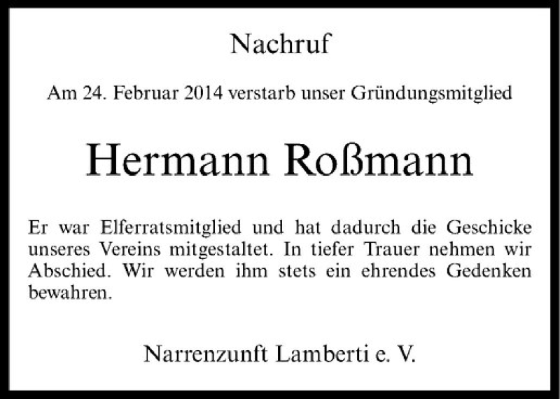  Traueranzeige für Hermann Roßmann vom 26.02.2014 aus Westfälische Nachrichten