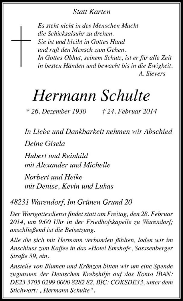  Traueranzeige für Hermann Schulte vom 26.02.2014 aus Westfälische Nachrichten