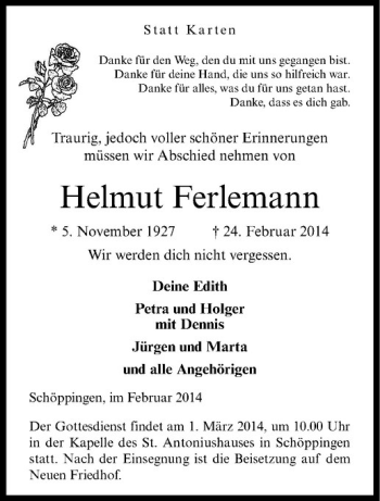 Anzeige von Helmut Ferlemann von Westfälische Nachrichten