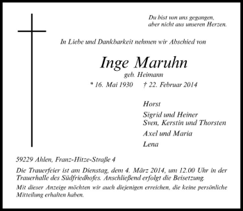 Anzeige von Inge Maruhn von Westfälische Nachrichten