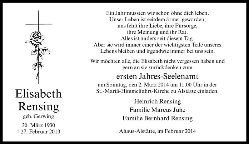  Traueranzeige für Elisabeth Rensing vom 26.02.2014 aus Westfälische Nachrichten