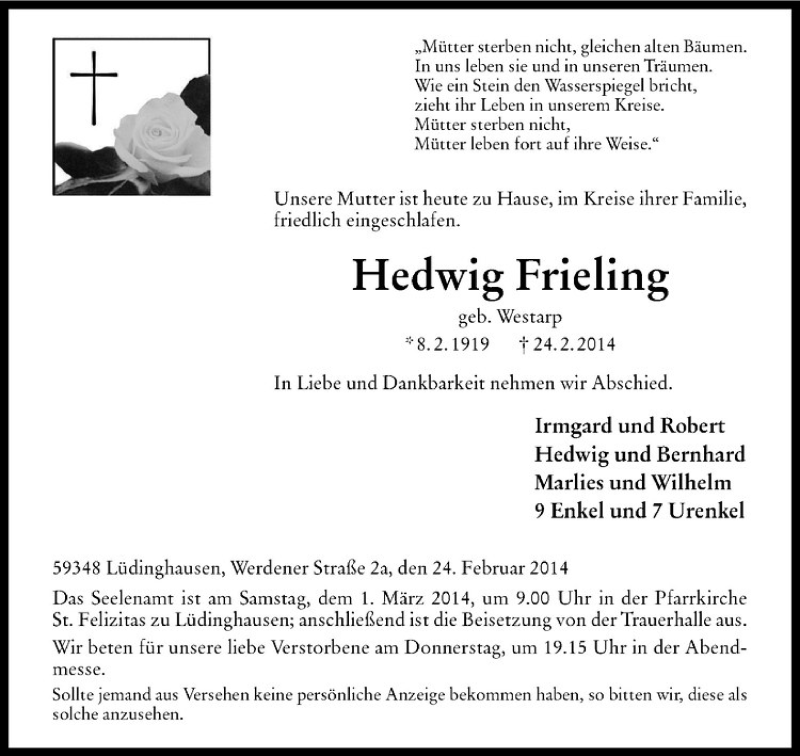  Traueranzeige für Hedwig Frieling vom 26.02.2014 aus Westfälische Nachrichten