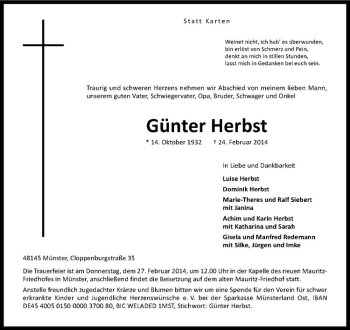 Anzeige von Günter Herbst von Westfälische Nachrichten