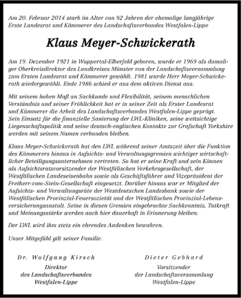 Anzeige von Klaus Meyer-Schwickerath von Westfälische Nachrichten