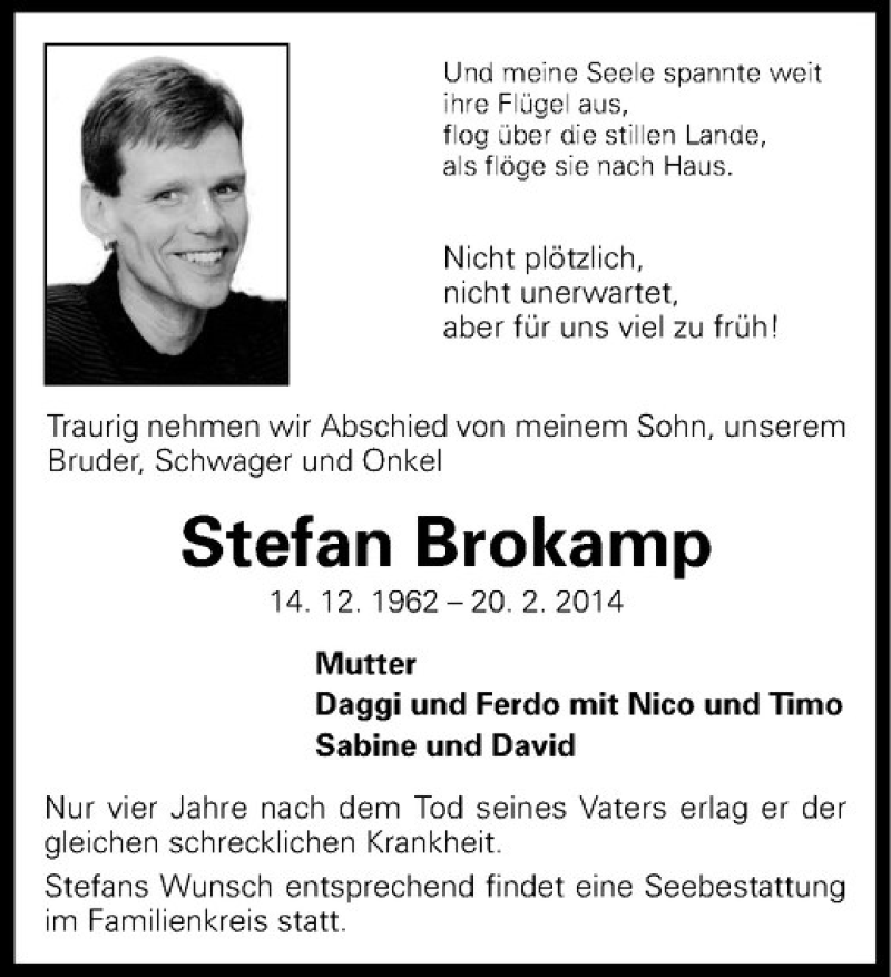  Traueranzeige für Stefan Brokamp vom 01.03.2014 aus Westfälische Nachrichten