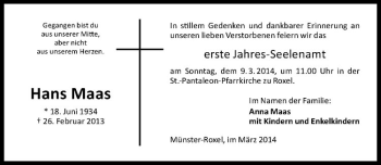 Anzeige von Hans Maas von Westfälische Nachrichten