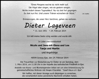 Anzeige von Dieter Lageveen von Westfälische Nachrichten