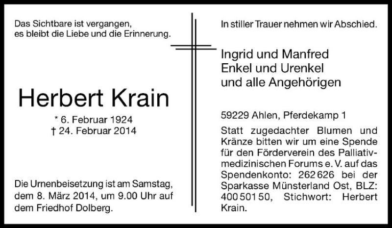  Traueranzeige für Herbert Krain vom 27.02.2014 aus Westfälische Nachrichten