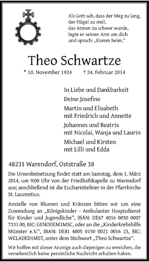  Traueranzeige für Theo Schwartze vom 27.02.2014 aus Westfälische Nachrichten