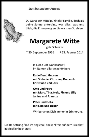 Anzeige von Margarete Witte von Westfälische Nachrichten