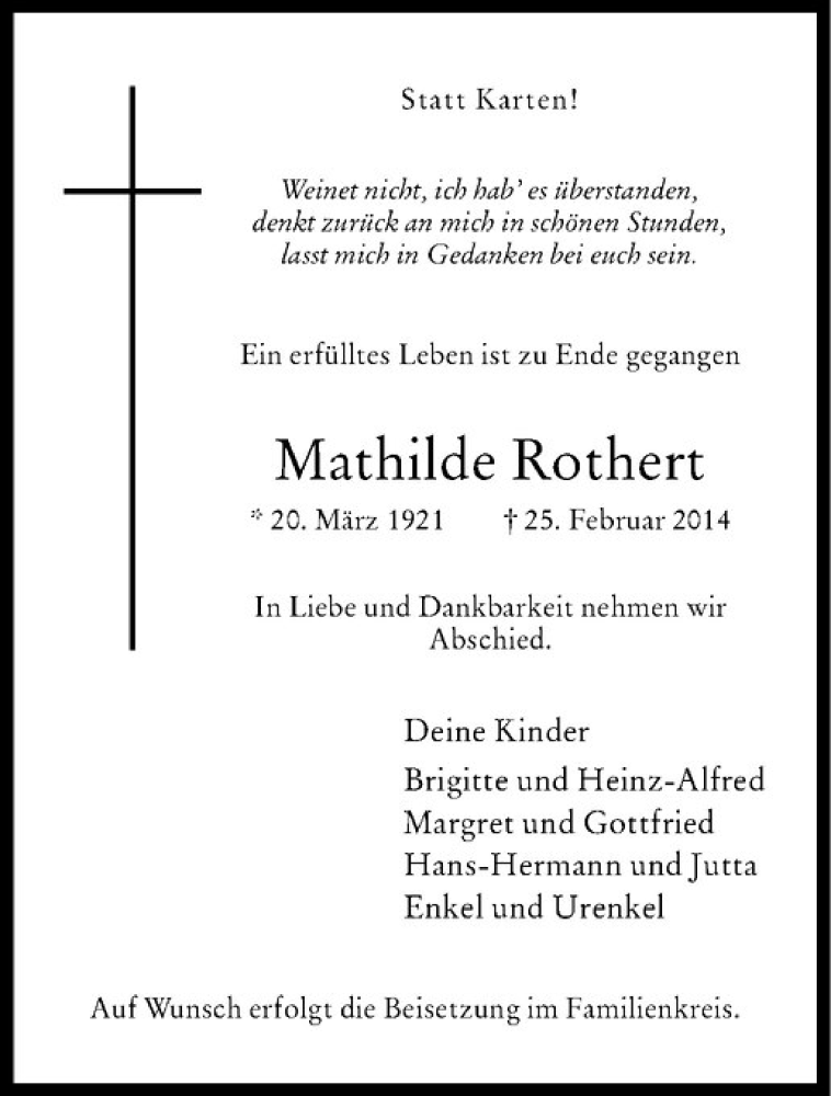 Traueranzeige für Mathilde Rothert vom 01.03.2014 aus Westfälische Nachrichten