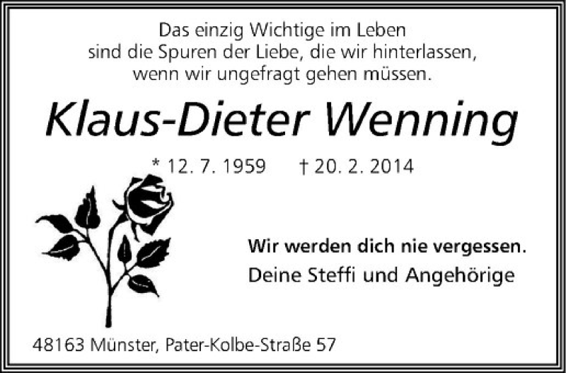  Traueranzeige für Klaus-Dieter Wenning vom 27.02.2014 aus Westfälische Nachrichten