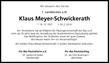 Anzeige von Klaus Meyer-Schwickerath von Westfälische Nachrichten