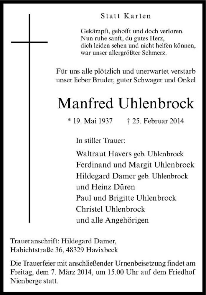  Traueranzeige für Manfred Uhlenbrock vom 01.03.2014 aus Westfälische Nachrichten