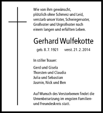Anzeige von Gerhard Wulfekotte von Westfälische Nachrichten