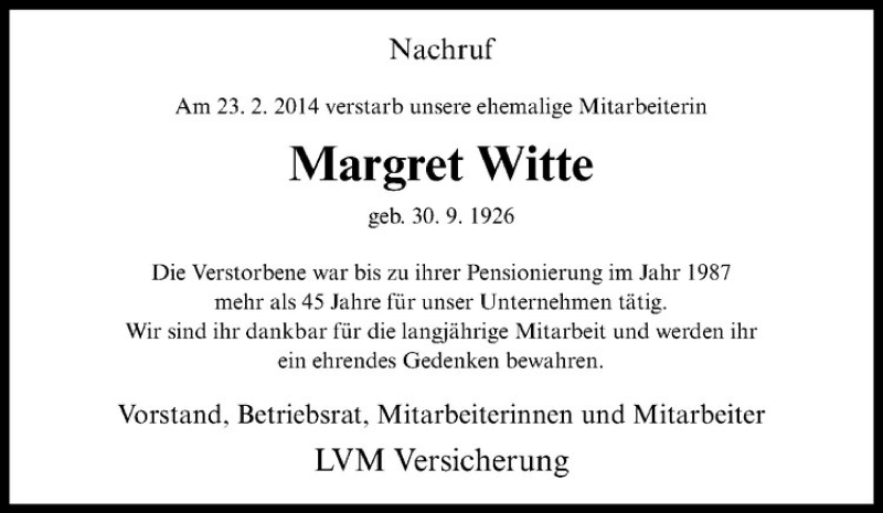  Traueranzeige für Margret Witte vom 03.03.2014 aus Westfälische Nachrichten