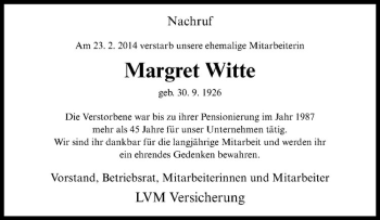 Anzeige von Margret Witte von Westfälische Nachrichten