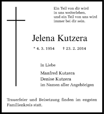 Anzeige von Jelena Kutzera von Westfälische Nachrichten