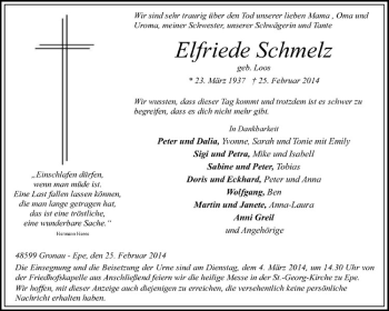 Anzeige von Elfriede Schmelz von Westfälische Nachrichten