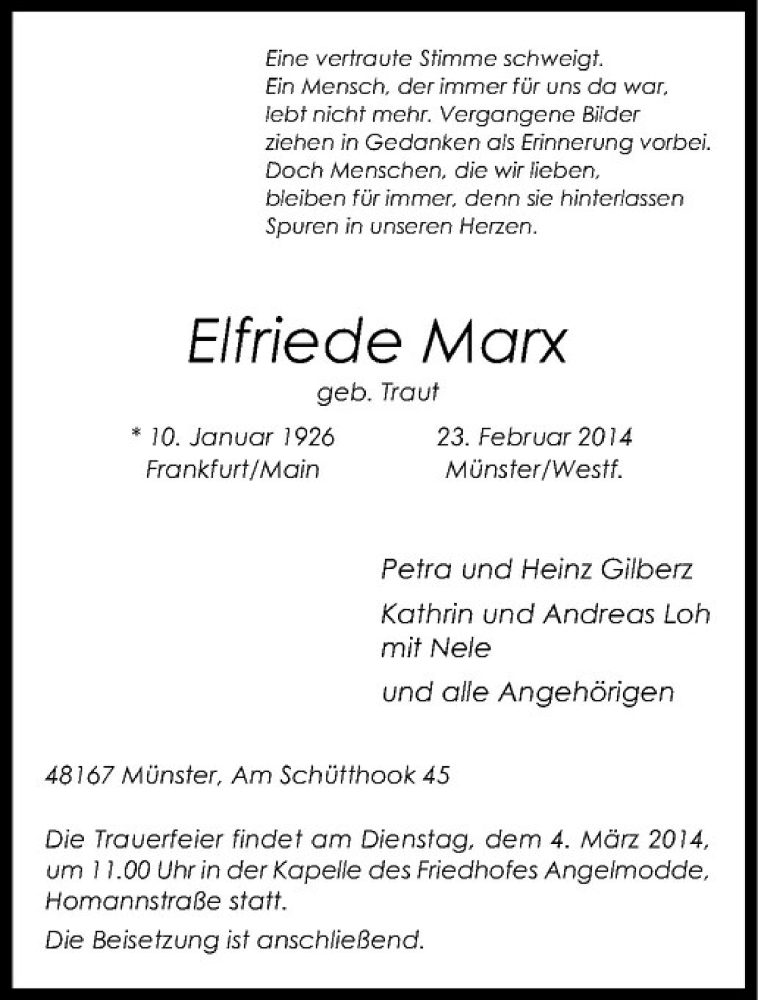  Traueranzeige für Elfriede Marx vom 28.02.2014 aus Westfälische Nachrichten