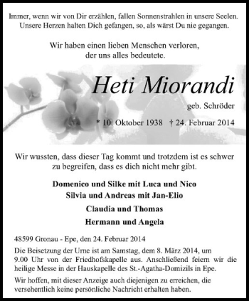 Anzeige von Heti Miorandi von Westfälische Nachrichten