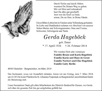 Anzeige von Gerda Hageböck von Westfälische Nachrichten