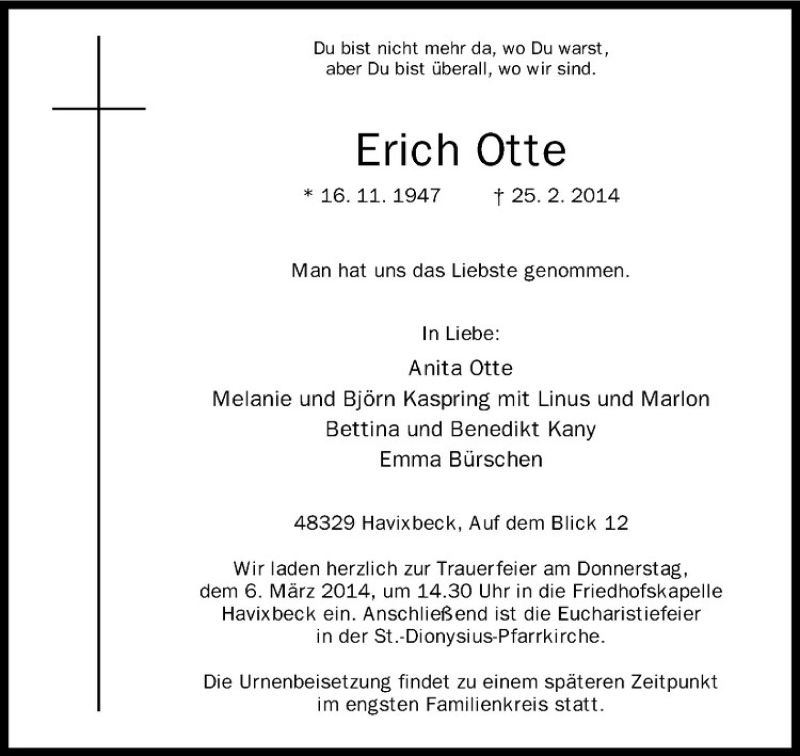  Traueranzeige für Erich Otte vom 01.03.2014 aus Westfälische Nachrichten