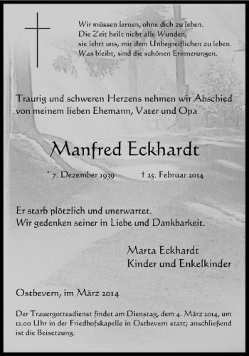 Anzeige von Manfred Eckhardt von Westfälische Nachrichten
