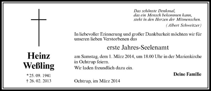 Traueranzeige für Heinz Weßling vom 01.03.2014 aus Westfälische Nachrichten