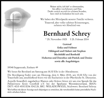 Anzeige von Bernhard Schrey von Westfälische Nachrichten