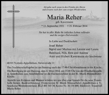 Anzeige von Maria Reher von Westfälische Nachrichten
